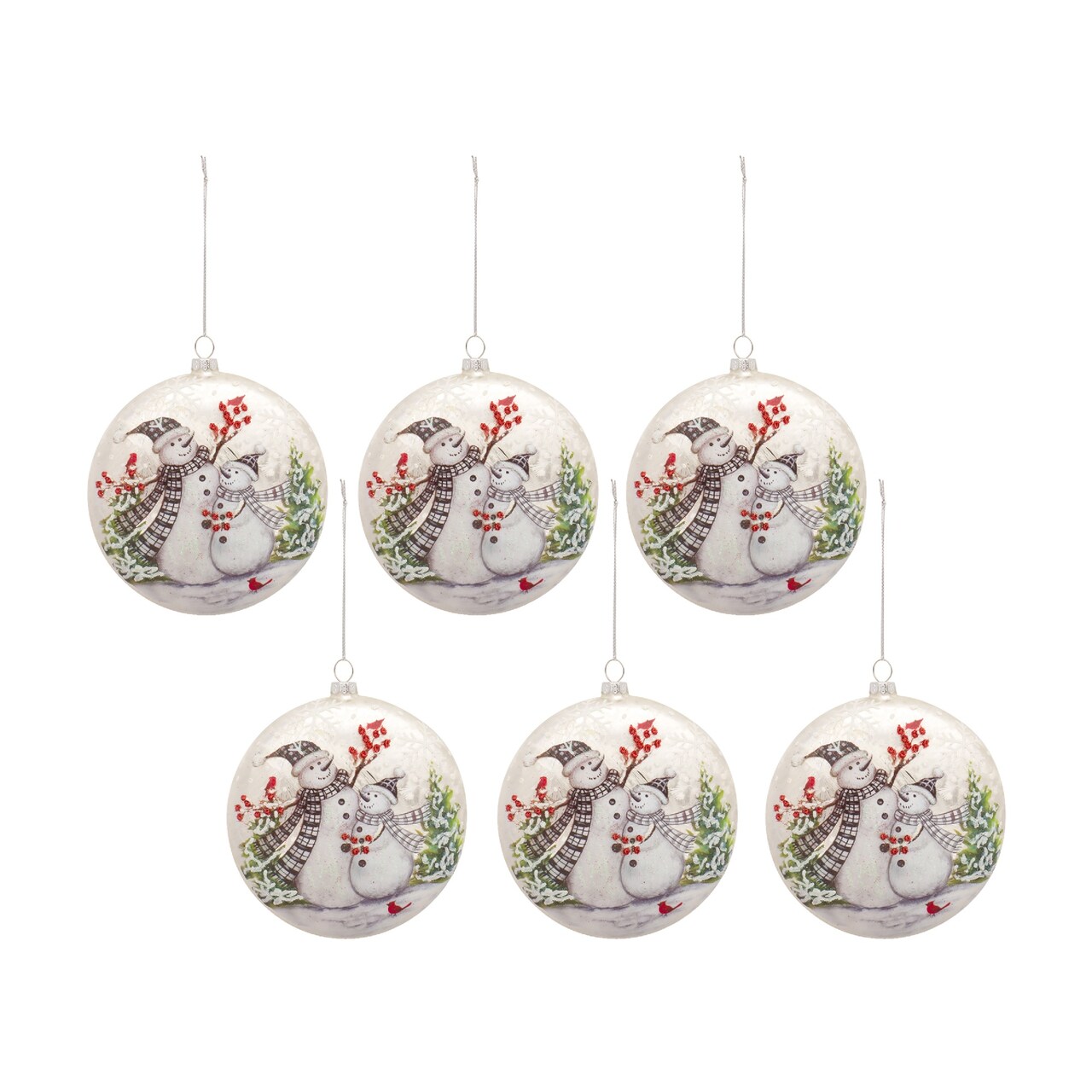 Melrose Set of 6 Snowman with Berry and Cardinal Glass Christmas Ball Ornaments 5.5"